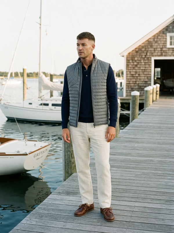 Man in the Greyson Yukon X-Lite vest on a Hamptons yacht dock