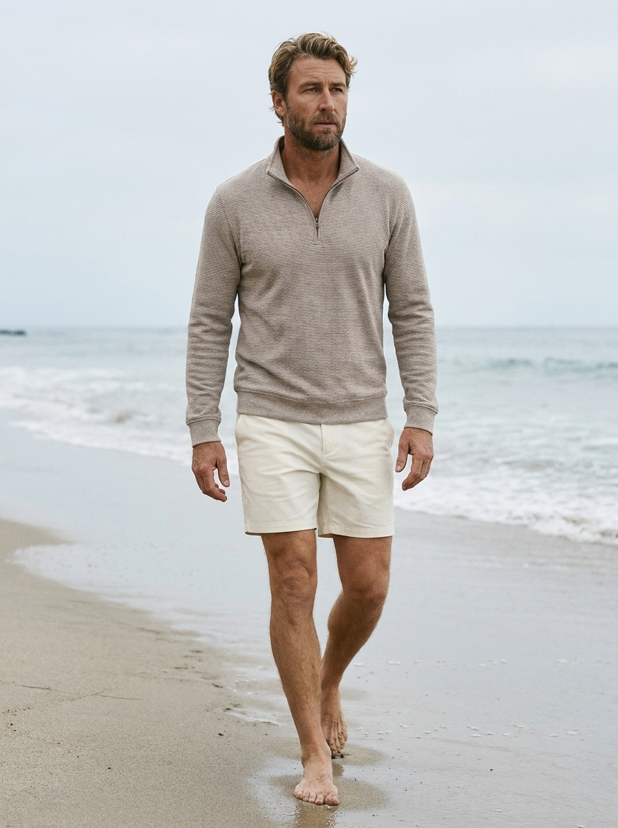 SOCAL_HERO — Bobby Micro Stripe 1/4 Zip Taupe Heather — Hudson
