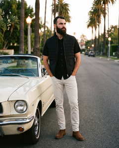 7 Diamonds Atlas Vest in Black on a Los Angeles palm street