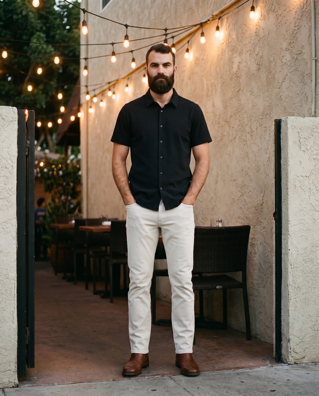 7 Diamonds Baron 5-Pocket Pant in Bone on a Los Angeles patio at dusk