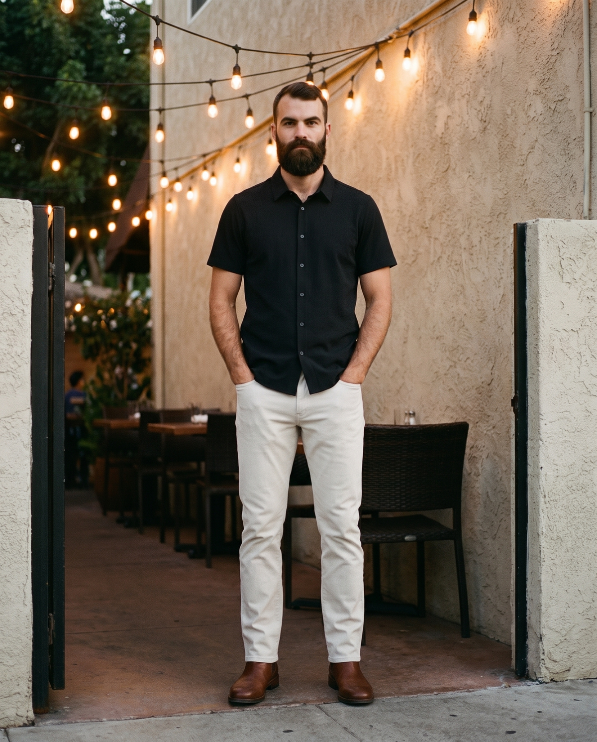 7 Diamonds Baron 5-Pocket Pant in Bone on a Los Angeles patio at dusk
