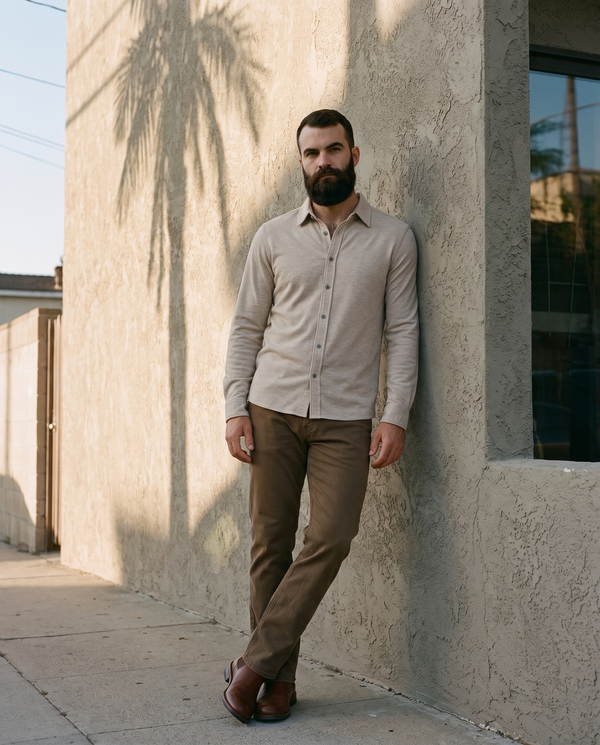 7 Diamonds Generation 5-Pocket Pant in Vintage Oak against a Los Angeles stucco wall