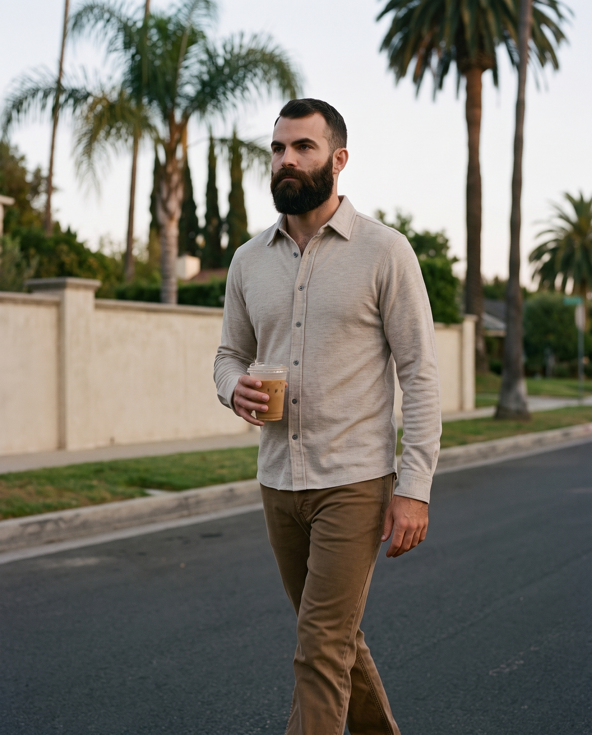 7 Diamonds Generation Heathered Knit Shirt in Beige on a Los Angeles street