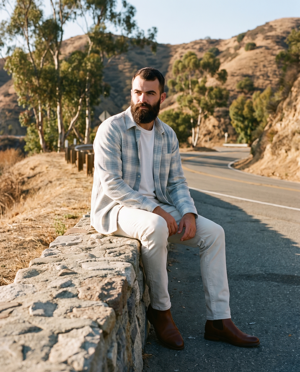 7 Diamonds Pearce Brushed Corduroy Shirt in Natural on a Los Angeles canyon road