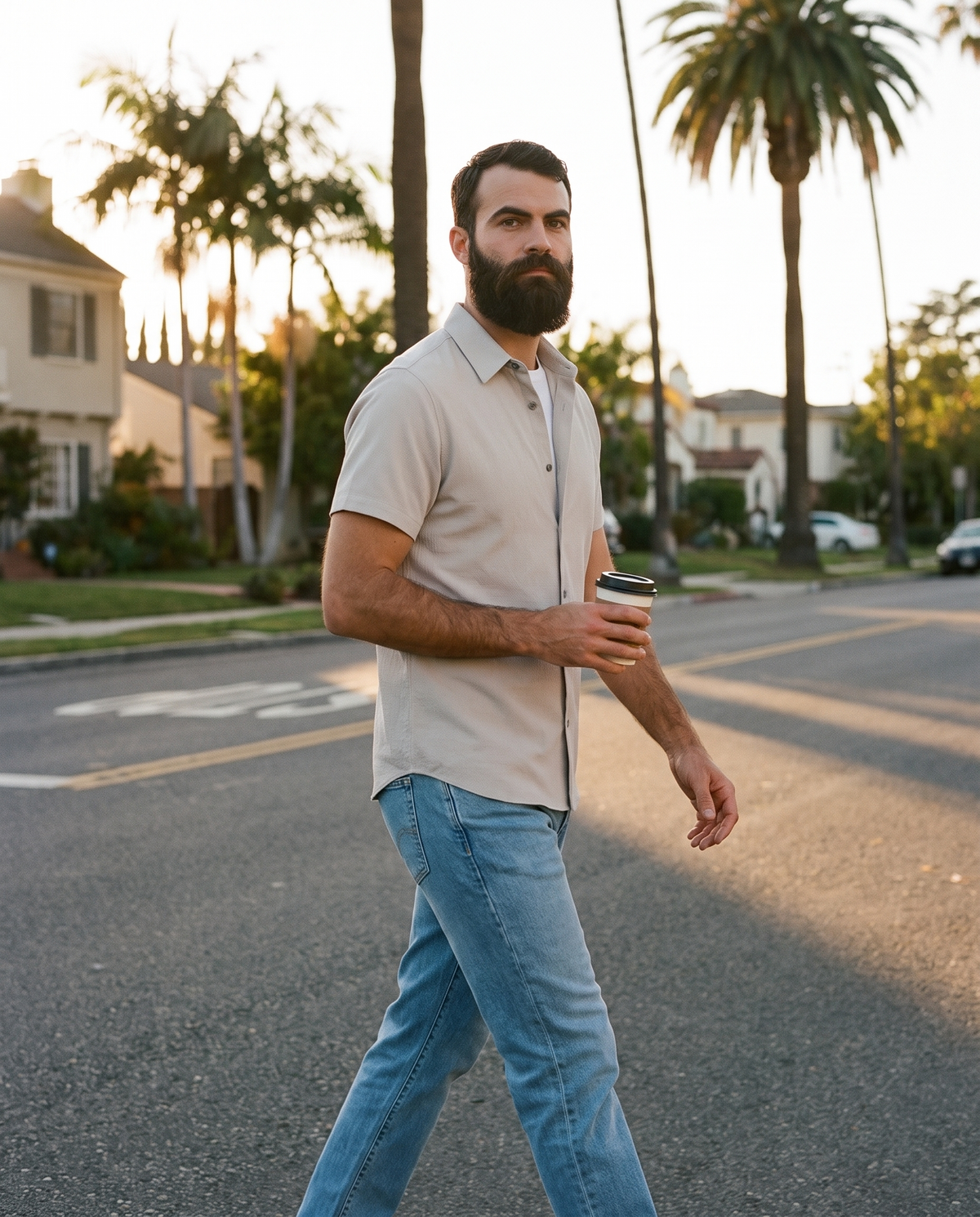7 Diamonds Union Athletic Fit Denim in Breakwater on a Los Angeles palm street