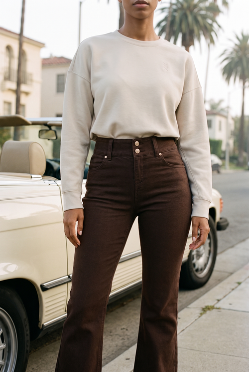 1822 Denim 30" Shapewear Fit & Lift Flare Jean in Espresso with the Rhone DreamGlow Crew Neck in Sand, Los Angeles street