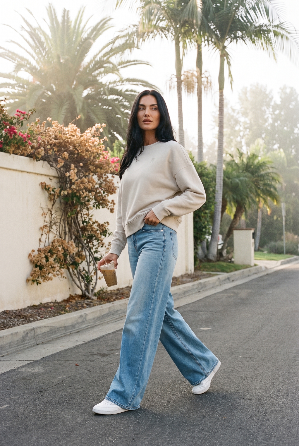 1822 Denim 33" Eco-Friendly Wide Leg Jean in Miles with the Rhone DreamGlow Crew Neck in Sand, Los Angeles street