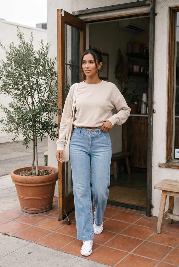 1822 Denim Petite 29" Slim Wide Leg Jean in Miles with the TravisMathew Cloud Terry Crew, Los Angeles cafe
