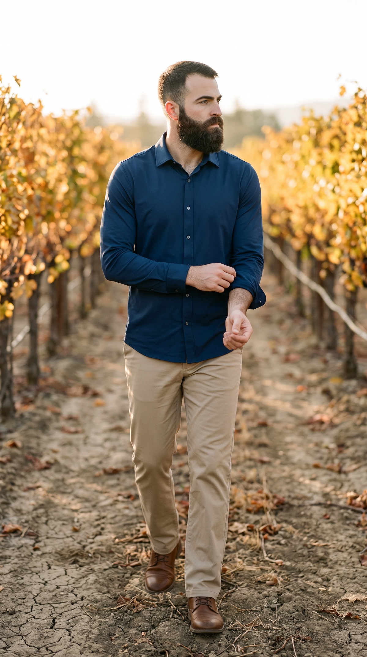 Rhone Commuter Shirt Slim Fit in Navy Oxford with light tan trousers, walking a vine row in Napa Valley after the October harvest.