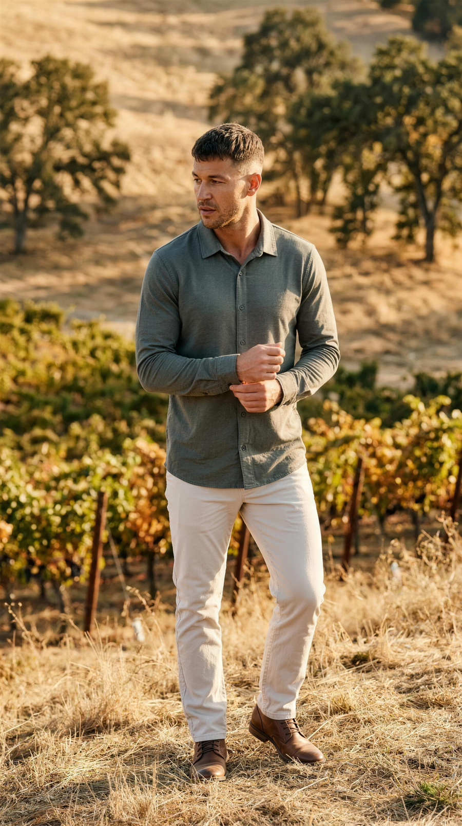 TravisMathew The Heater Button Up in dark olive, worn untucked with stone trousers on a dry golden hillside above the vineyards in Napa Valley at golden hour in October.