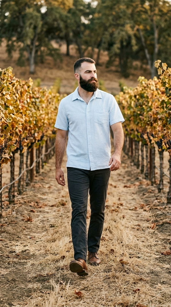 Napa Valley - Surfside Supply Joseph Straight Bottom Textured Shirt in Lt Blue, worn walking a vineyard row in October
