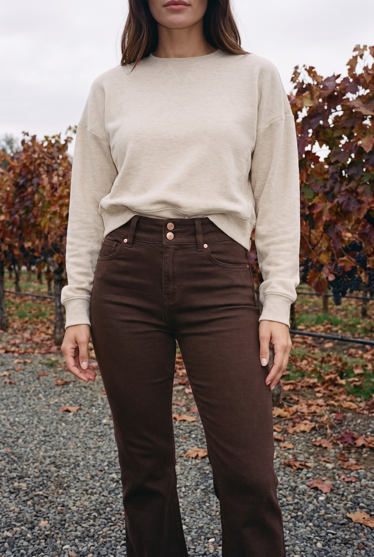 1822 Denim 30" Shapewear Fit & Lift Flare Jean in Espresso with the TravisMathew Cloud Terry Crew, Napa Valley winery drive
