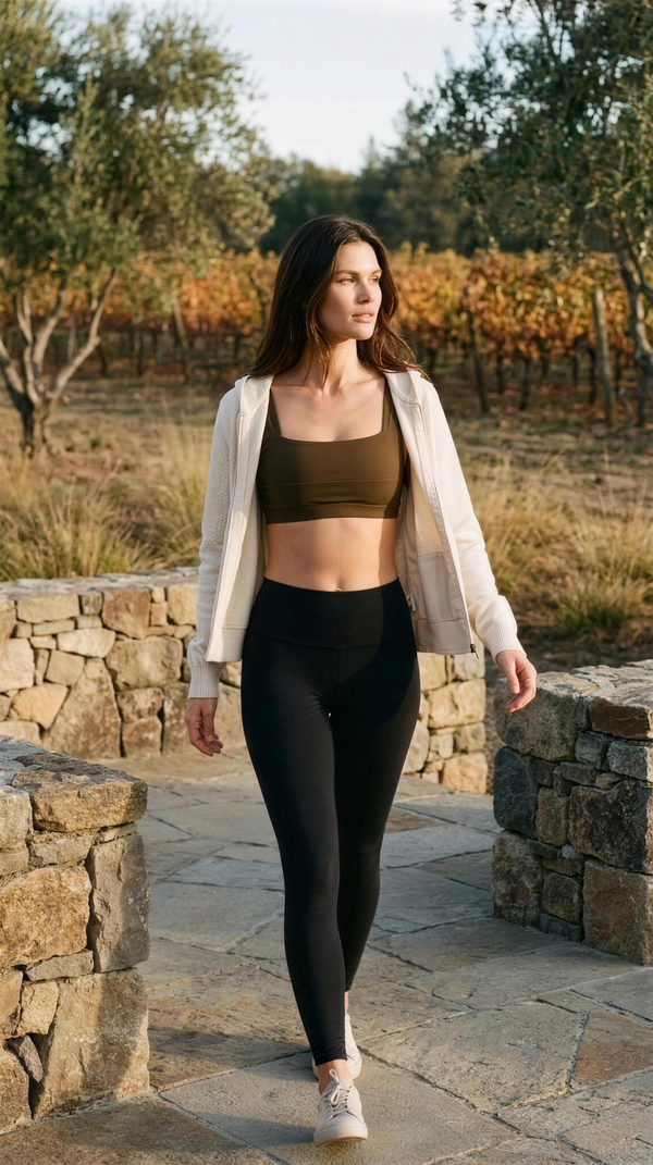 Cruise Bra - Brown — Napa: the square-neck olive-brown bra worn as a base layer under an open cream hoodie with black high-rise leggings, on the flagstones of a vineyard courtyard at golden hour