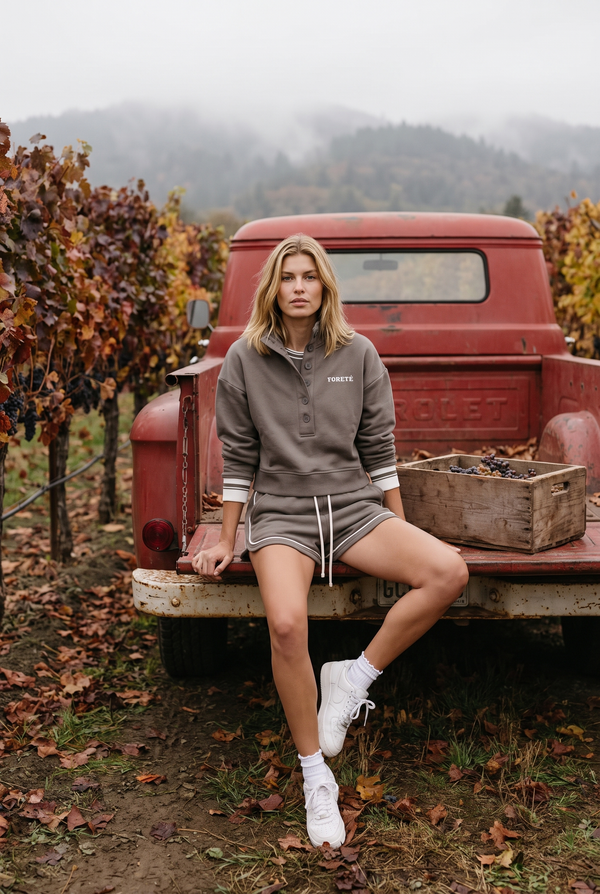 Fore-té Emerson Sweat Short and Varsity Sweatshirt in Olive, Napa Valley vineyard