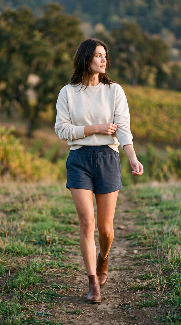 DreamGlow Short - 3" - Navy Blue — Napa Valley: heathered navy pull-on knit short with a shirred drawcord waistband, worn with an oatmeal crewneck sweatshirt and brown leather ankle boots on a golden hillside above the vines