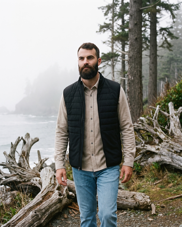 7 Diamonds Atlas Vest in Black on a Pacific Northwest coastline