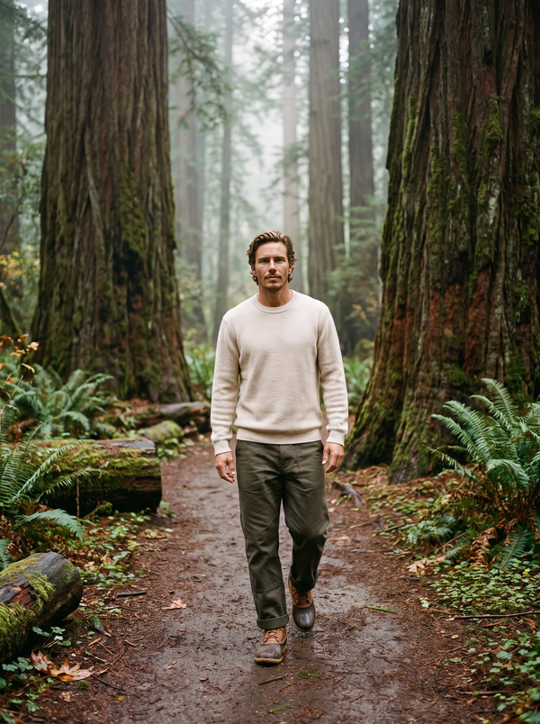 7 Diamonds Harrison Ribbed Sweater in Jasmine with olive canvas trousers and trail boots, on a misty redwood forest trail in the Pacific Northwest