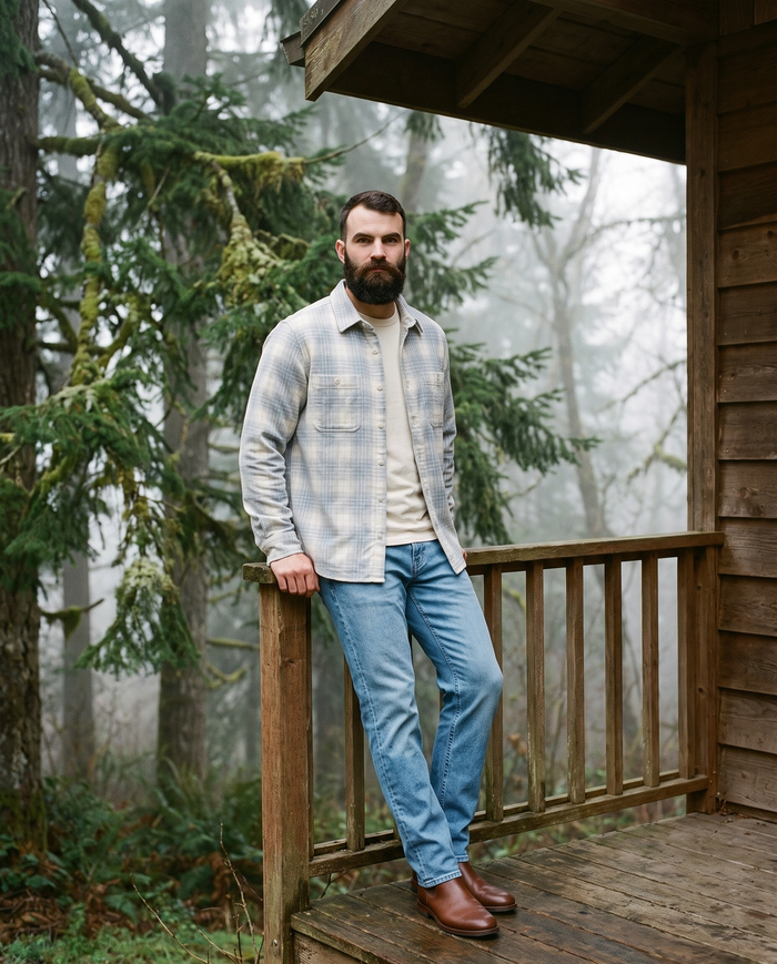 7 Diamonds Pearce Brushed Corduroy Shirt in Natural on a Pacific Northwest cabin porch