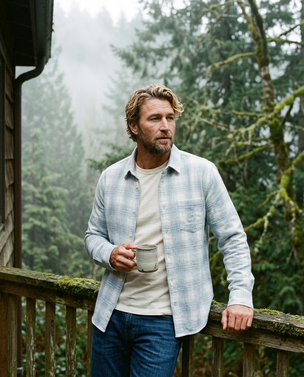 7 Diamonds Pearce Brushed Corduroy Shirt in Natural on a PNW cabin porch