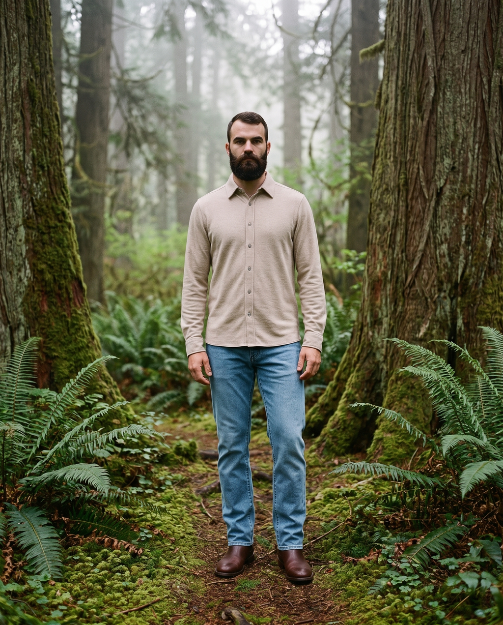 7 Diamonds Union Athletic Fit Denim in Breakwater in a Pacific Northwest forest