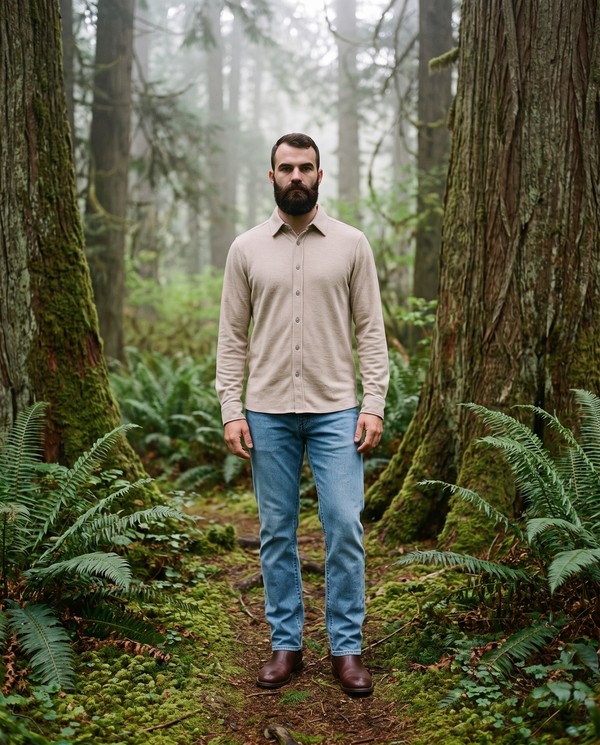 7 Diamonds Union Athletic Fit Denim in Breakwater in a Pacific Northwest forest