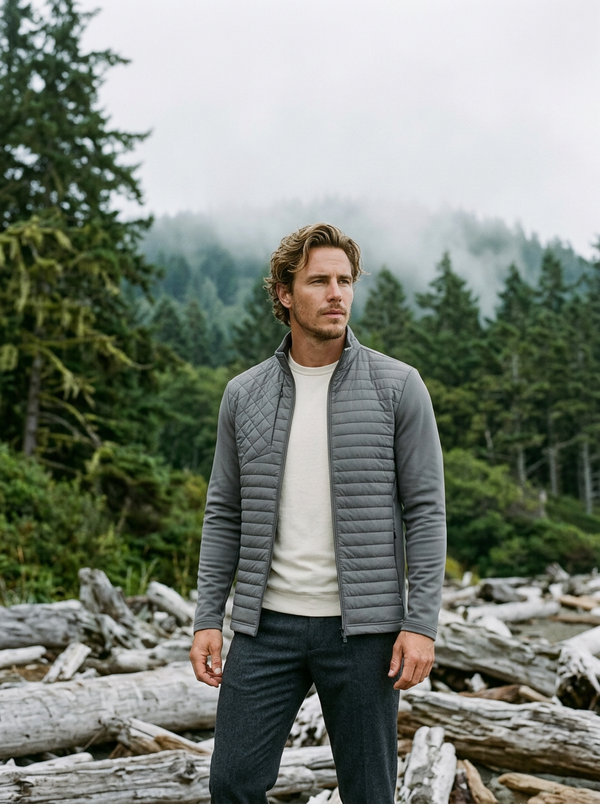 Man in the Greyson Yukon Hybrid jacket on a Pacific Northwest driftwood beach