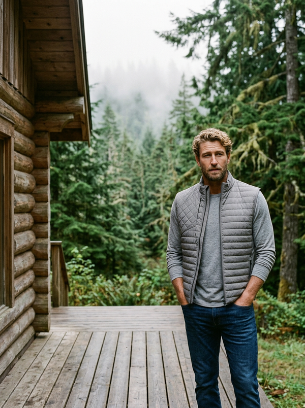 Man in the Greyson Yukon X-Lite vest on a Pacific Northwest cabin porch