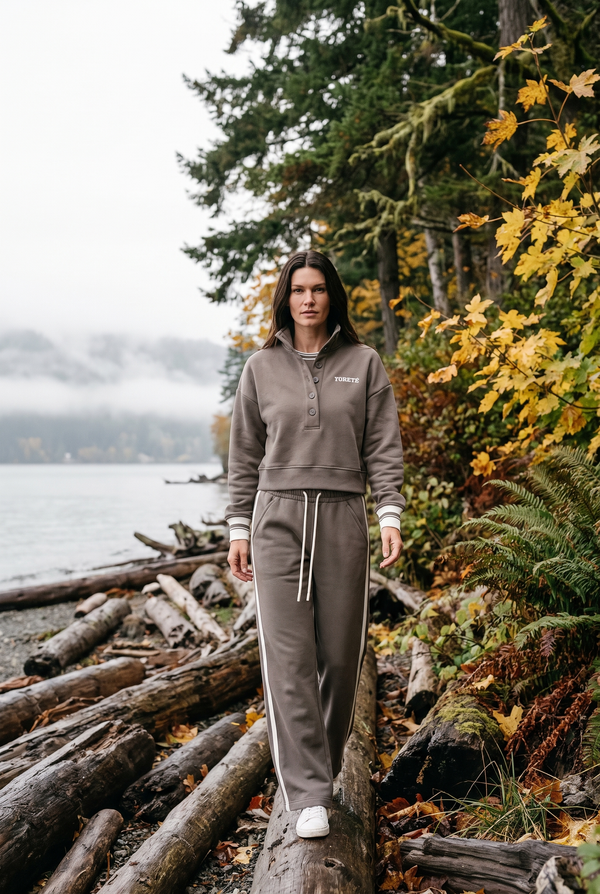 Fore-té Varsity Sweatshirt and Sweatpant in Olive, Pacific Northwest driftwood beach