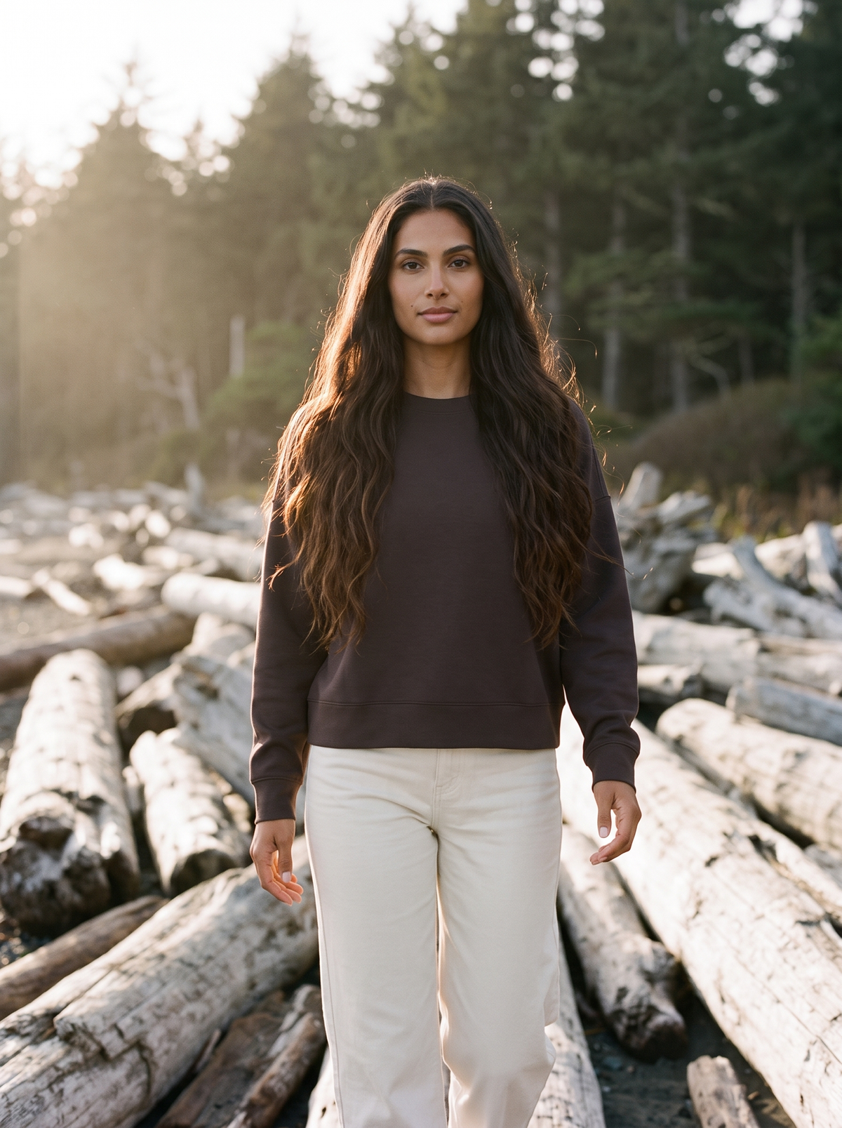 Rhone DreamGlow Crew Neck in Dark Espresso with cream wide-leg trousers, on a Pacific Northwest driftwood beach