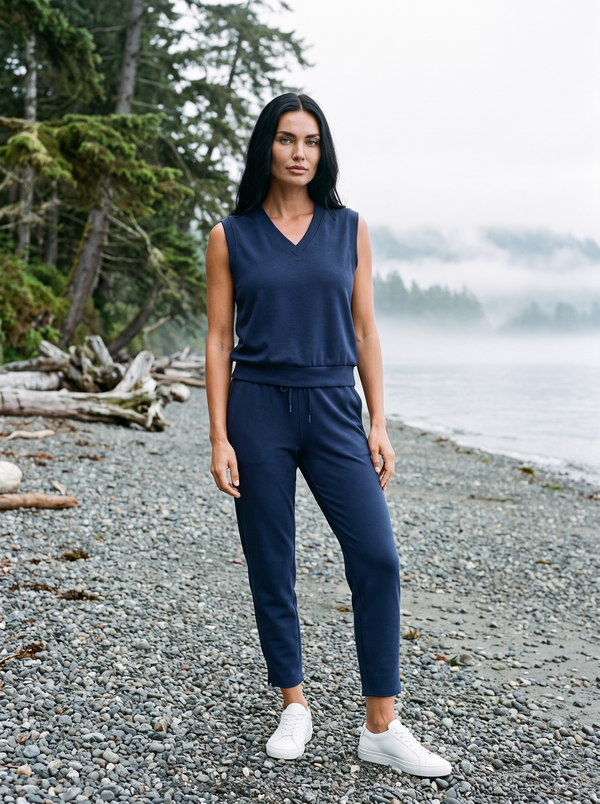 TravisMathew SkyLoft Soft Vest in Navy Blazer, on model in Pacific Northwest