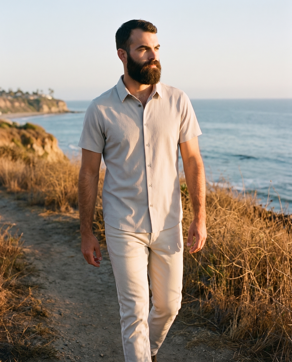 7 Diamonds Baron 5-Pocket Pant in Bone on a Southern California coastal bluff