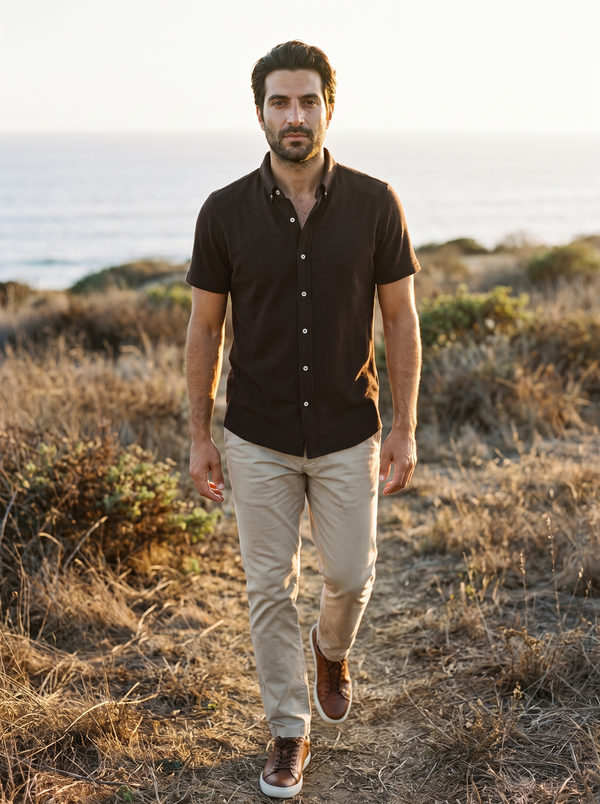 7 Diamonds Levine Short Sleeve Shirt in Walnut on a Southern California coastal bluff