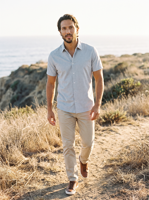 7 Diamonds Sayer Short Sleeve Shirt in Light Grey on a Southern California coastal bluff