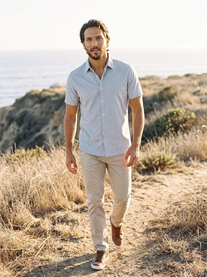 7 Diamonds Sayer Short Sleeve Shirt in Light Grey on a Southern California coastal bluff