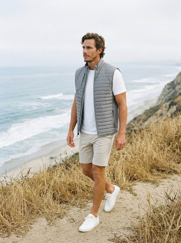 Man in the Greyson Yukon X-Lite vest on a Southern California coastal bluff