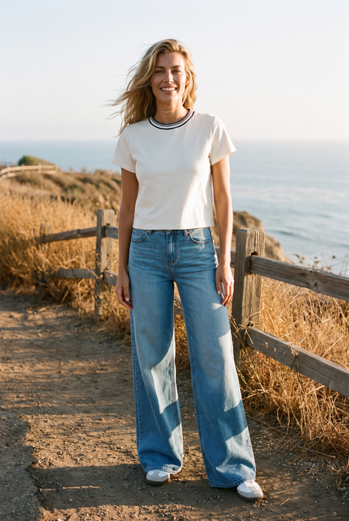 1822 Denim 33" Eco-Friendly Wide Leg Jean in Miles with the Fore-té Ella Short Sleeve in Ivory, Southern California bluff