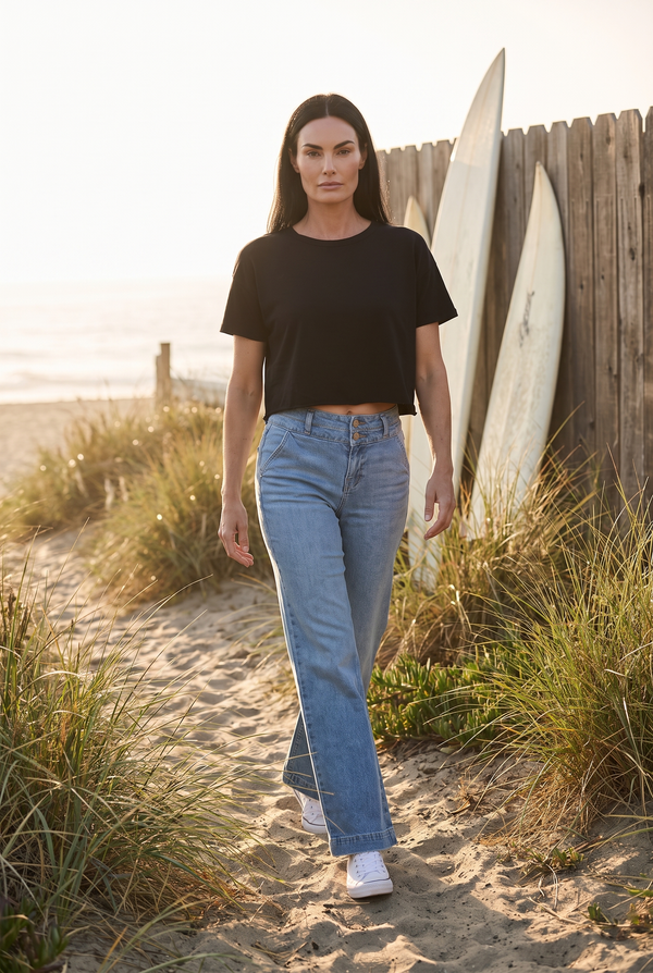 1822 Denim Petite 29" Slim Wide Leg Jean in Miles with the Year of Ours Cropped Tee in Black, Southern California beach path