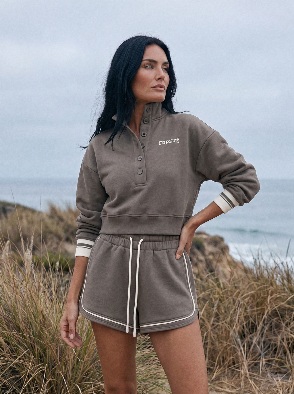 Fore-té Varsity Short Set in Olive, on model in Southern California