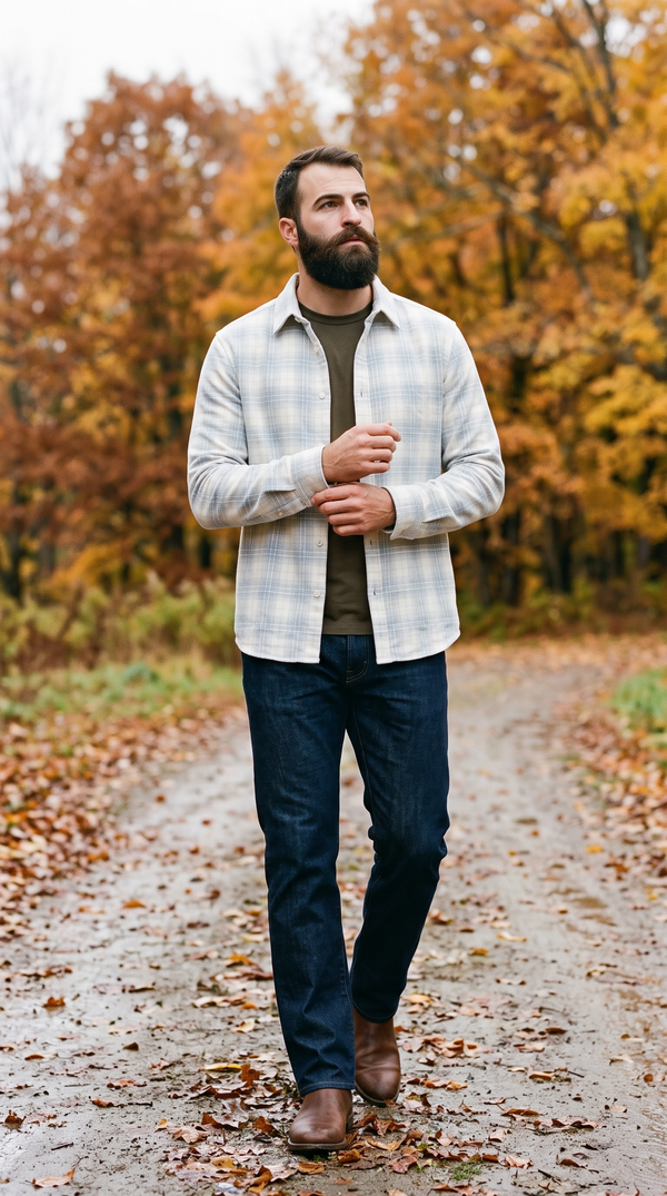 7 Diamonds Pearce Brushed Corduroy Shirt in Natural worn open over an olive tee with dark indigo denim, on a wet farm track under turning maples in Stowe