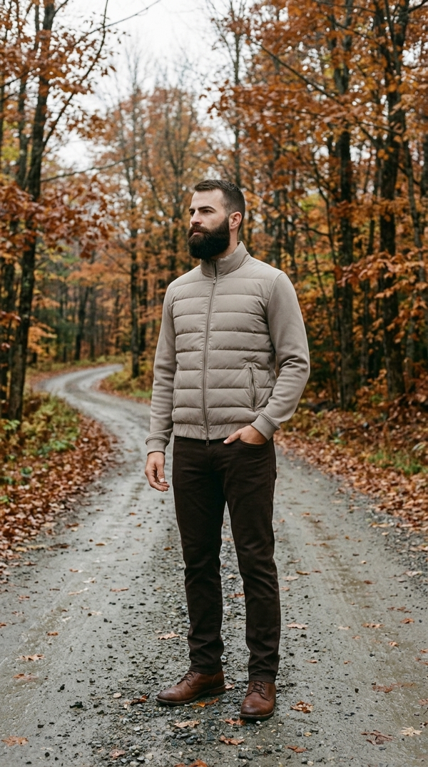 Man in a clay 7 Diamonds REV Puffer Full Zip standing on a wet gravel track in a Vermont maple stand
