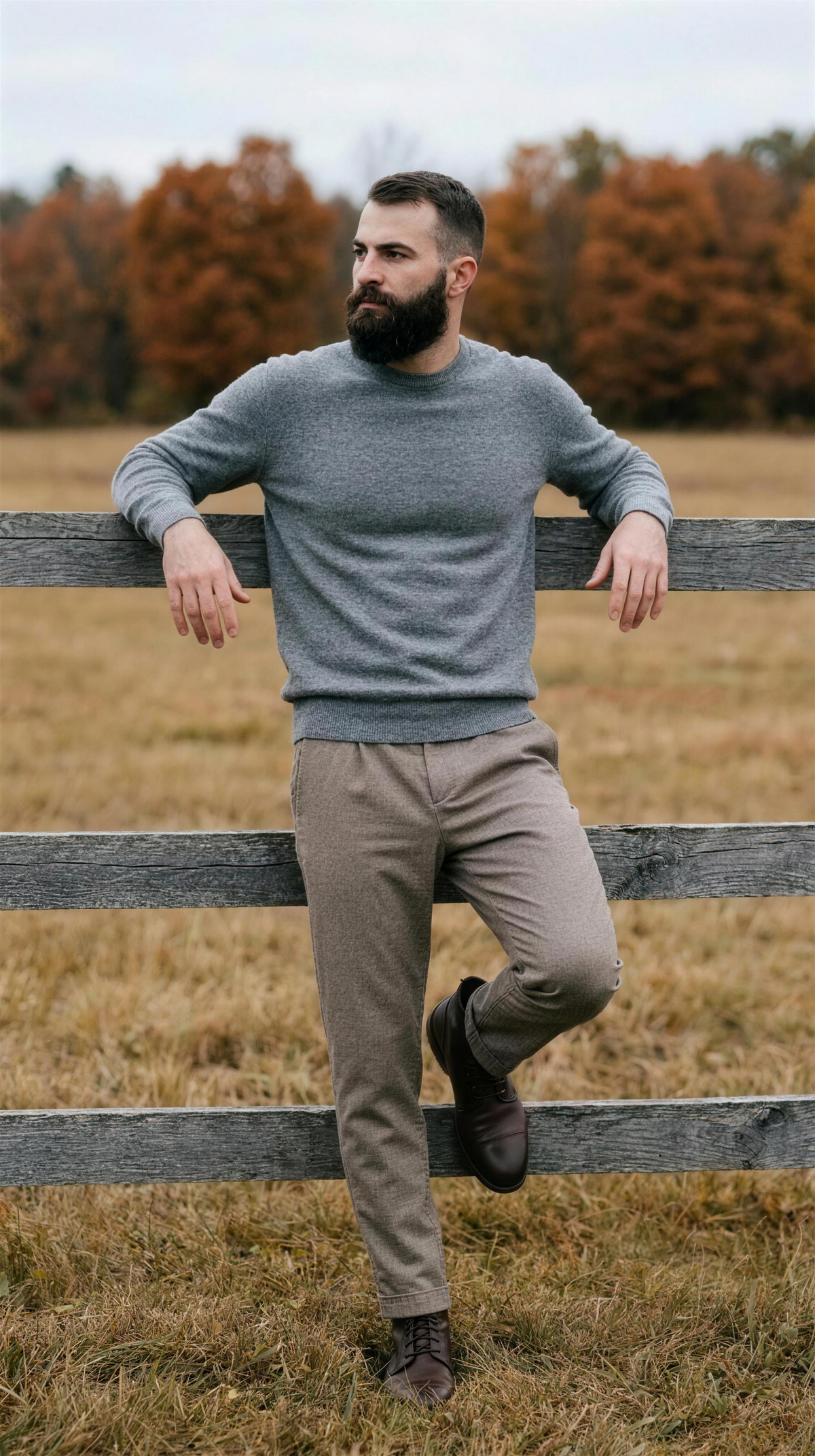 SoHo Trouser - Heather Tobacco — Stowe: the tobacco trouser with its front pleats and turned cuffs, worn with an untucked grey crew knit and brown leather boots, leaning on a Vermont split-rail pasture fence under rust maples