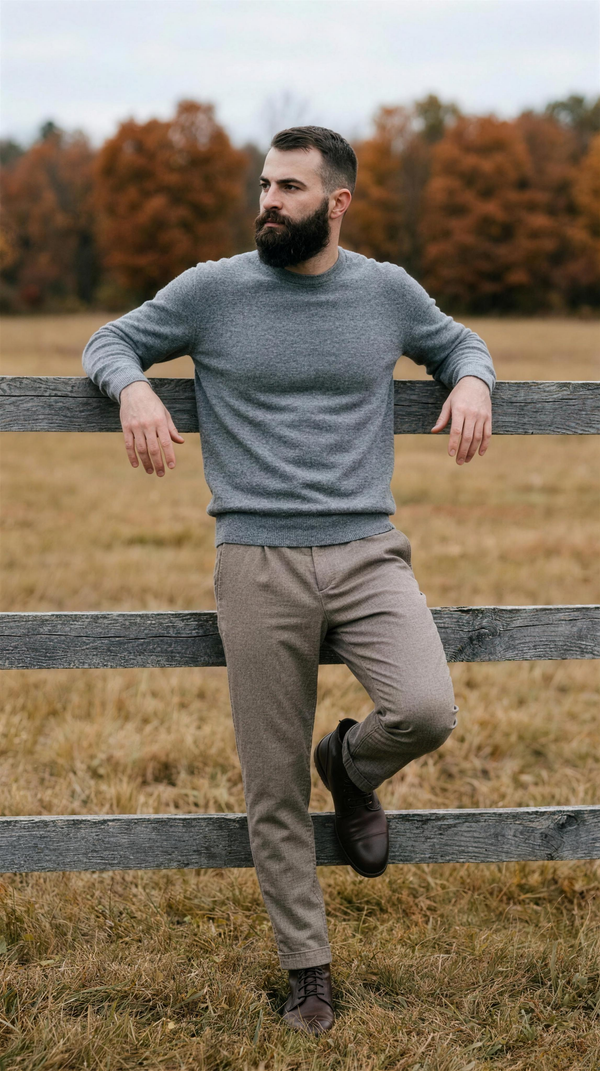 SoHo Trouser - Heather Tobacco — Stowe: the tobacco trouser with its front pleats and turned cuffs, worn with an untucked grey crew knit and brown leather boots, leaning on a Vermont split-rail pasture fence under rust maples