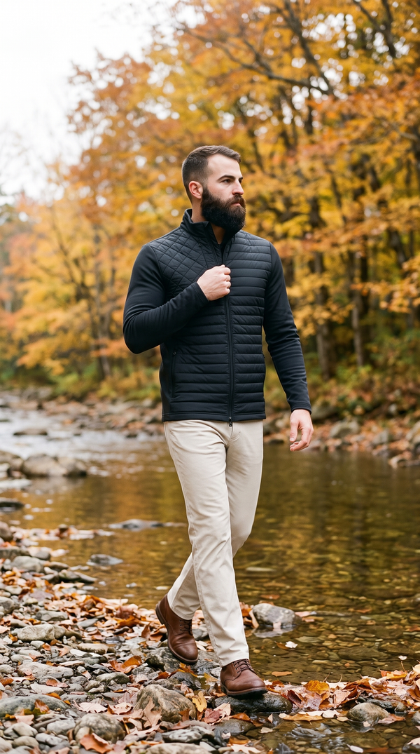 Greyson Yukon Hybrid Jacket in Shepherd black with oat beige trousers, walking beside a brook lined with gold maples outside Stowe, Vermont in late October.