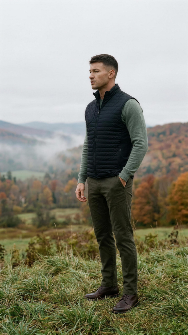 Greyson Yukon X Lite Vest in Shepherd black over a sage long-sleeve, on a misty valley rise above Stowe, Vermont in mid-October.