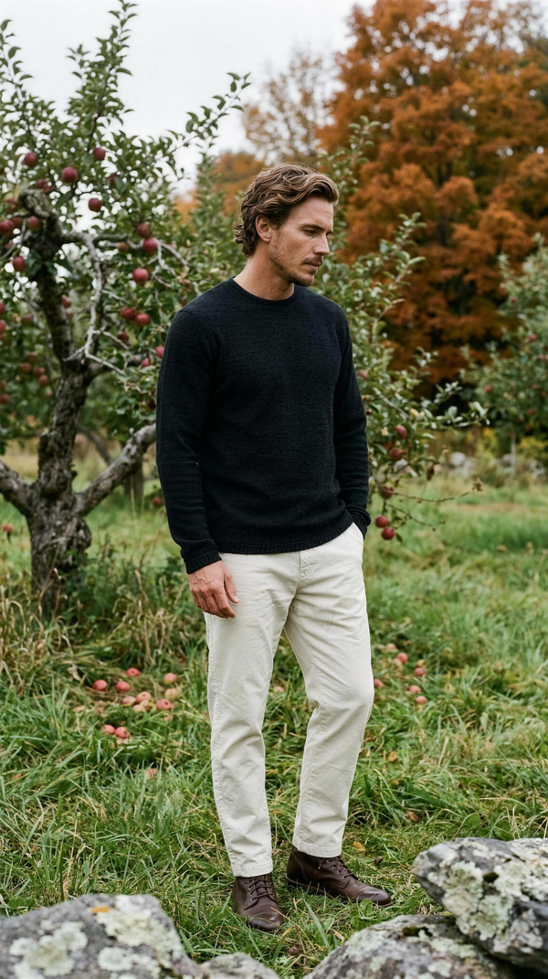 TravisMathew Cloud Waffle Crew in black, worn with stone trousers and brown boots in an apple orchard near Stowe, Vermont in mid-October.