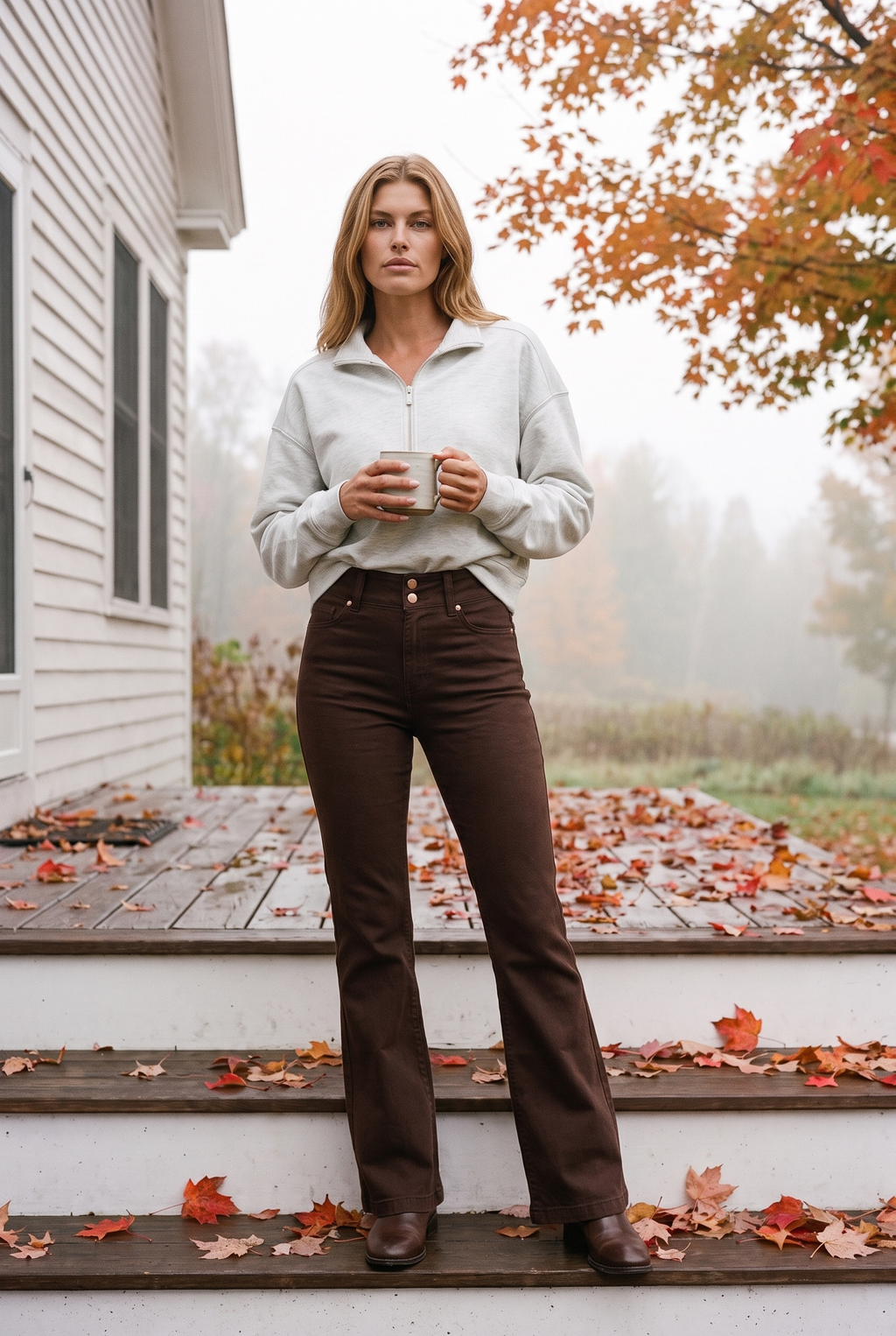 1822 Denim 30" Shapewear Fit & Lift Flare Jean in Espresso with the TravisMathew SkyLoft Soft 1/2 Zip, Stowe farmhouse porch