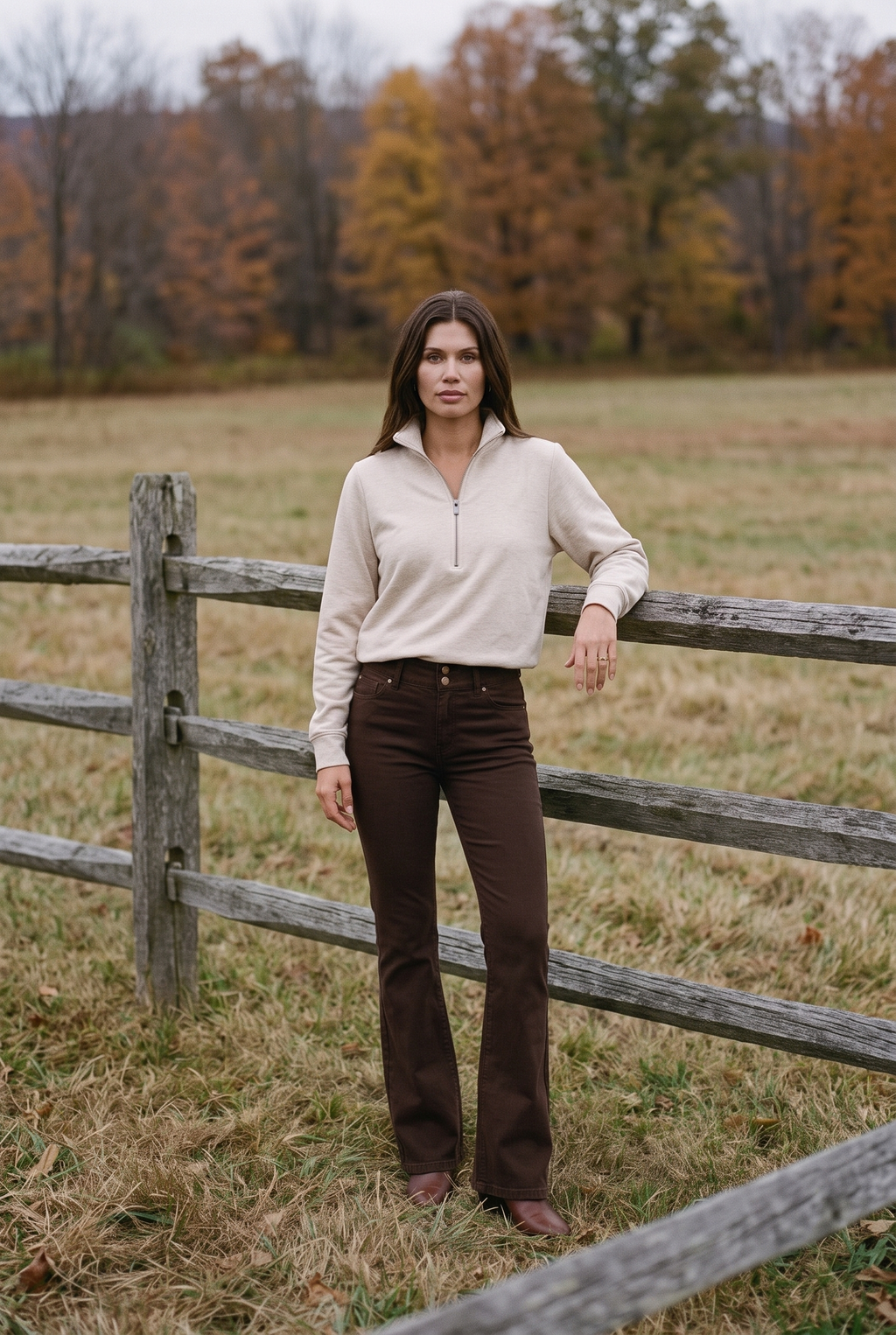 1822 Denim 34" Shapewear Fit & Lift Flare Jean in Espresso with the TravisMathew Cloud Fleece 1/2 Zip, Stowe pasture fence
