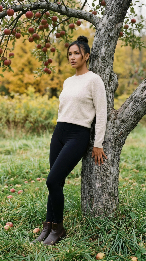 Daughter Lessons Core Leggings in black with a cream knit, leaning against an apple tree in an orchard outside Stowe, Vermont in mid-October.