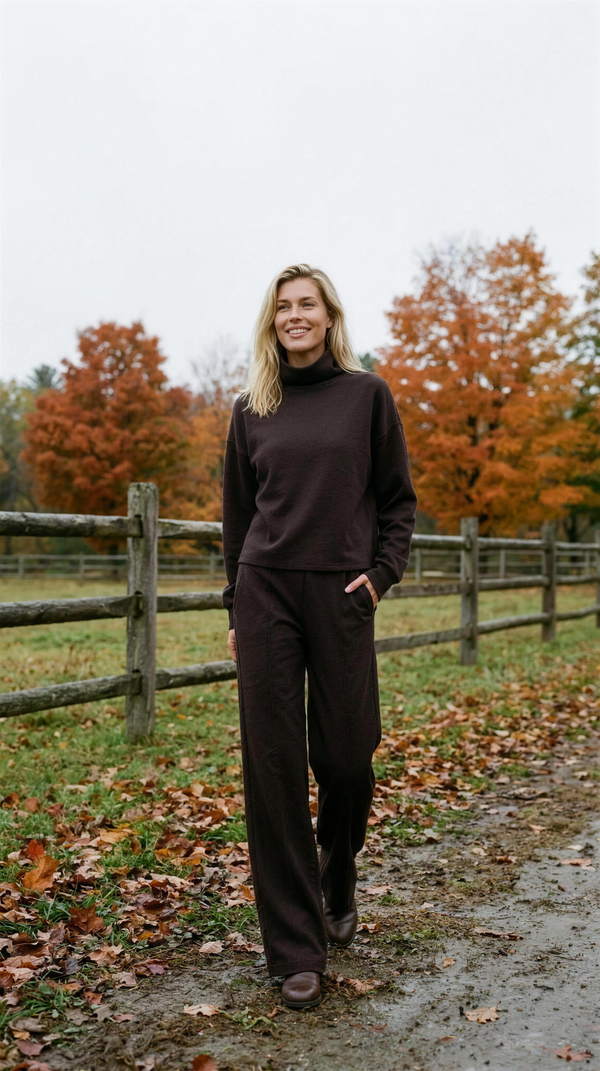 Rhone DreamGlow Mock Neck with the matching wide-leg trouser in Dark Espresso, walking a pasture fence line outside Stowe, Vermont in mid-October.