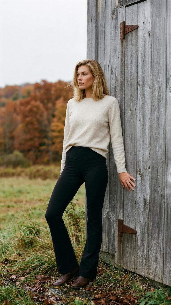 Rhone Revive Flare Legging in black with a cream knit, beside a weathered timber barn outside Stowe, Vermont in mid-October.